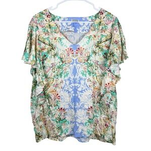Sundance Arabella Blouse Size Small Floral Boho Top Ruffle Sleeve‎ Rayon V Neck